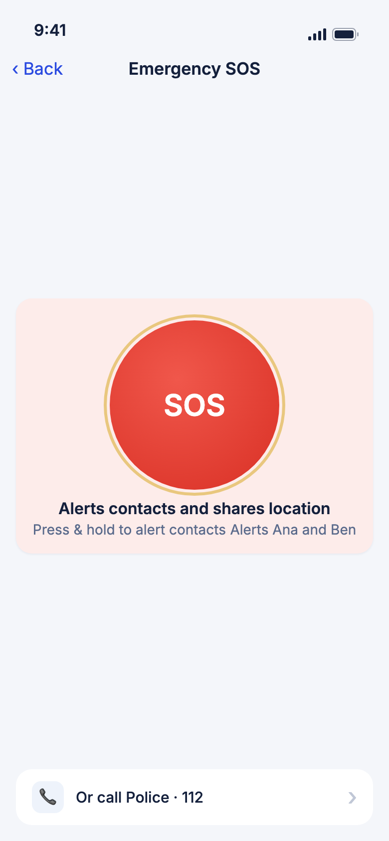 The Emergency SOS page with the SOS button marked