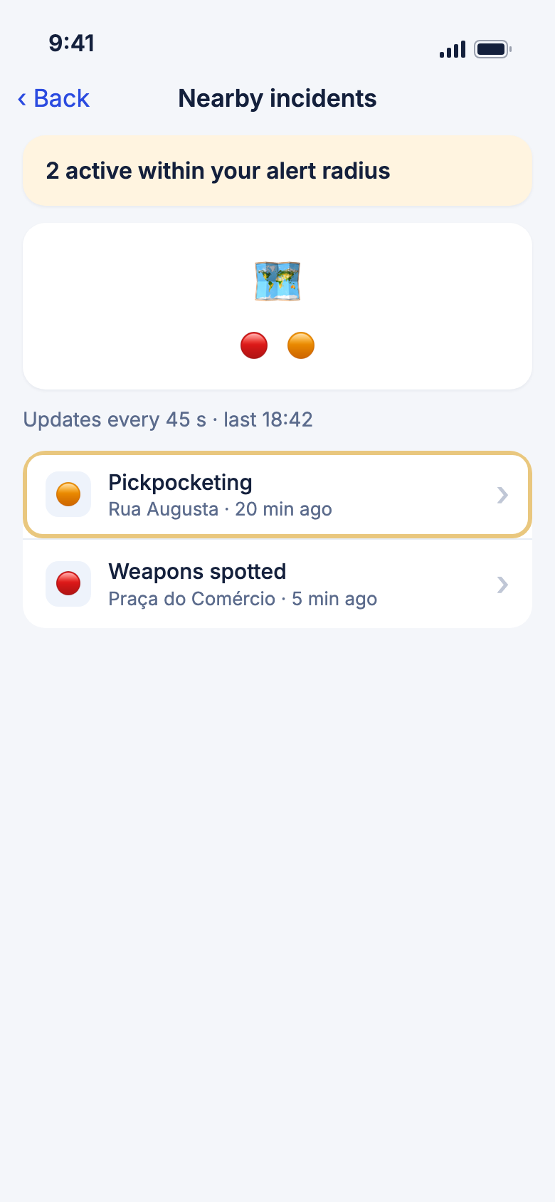 The Nearby incidents map and list