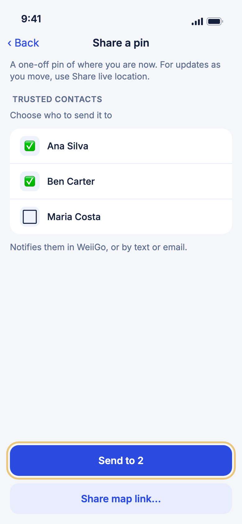 The Share a pin page with Send marked