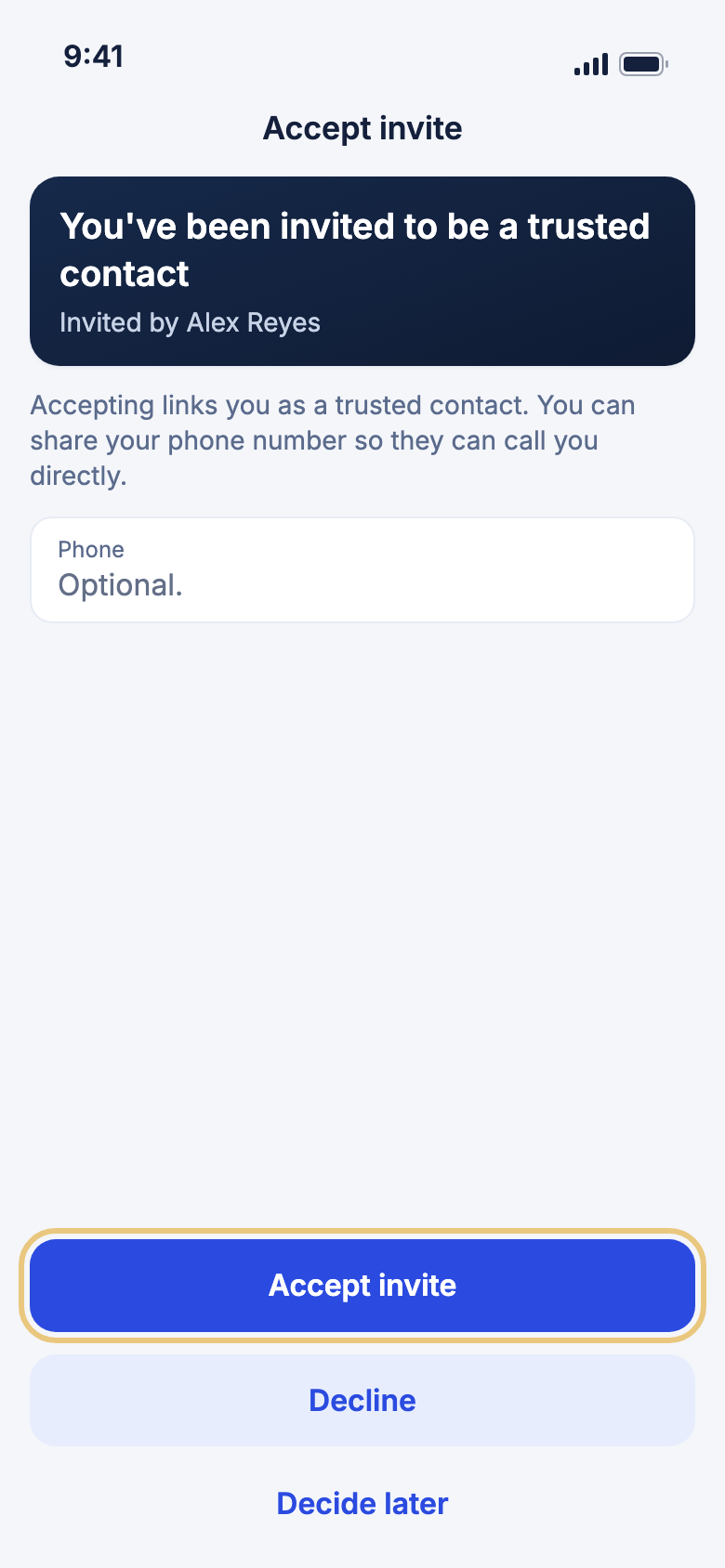 The Accept invite screen