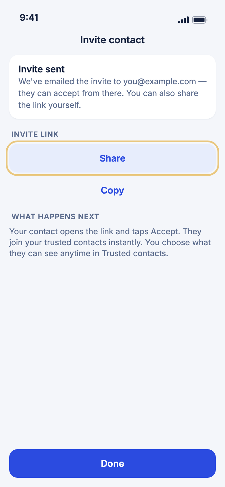 The invite is ready to share