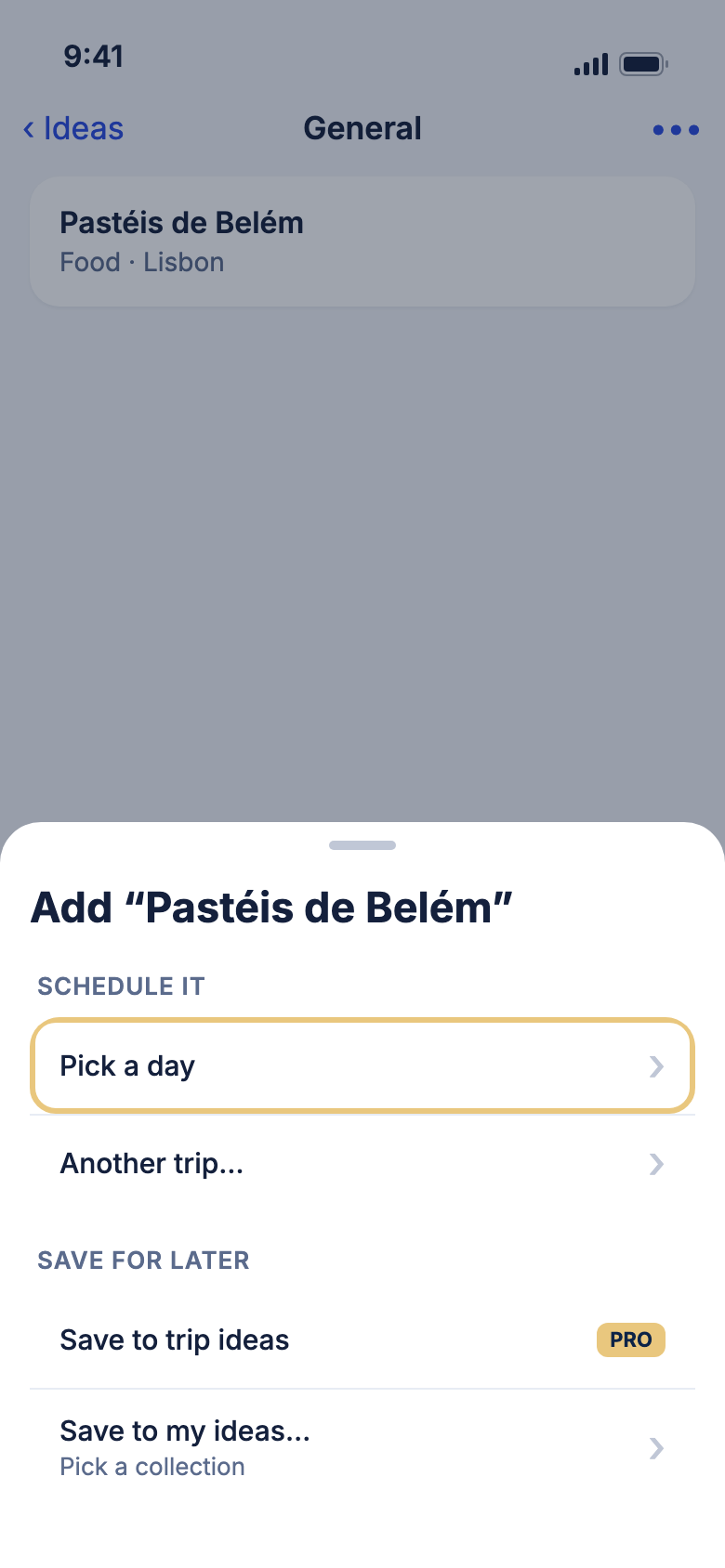 The Add sheet with Pick a day marked