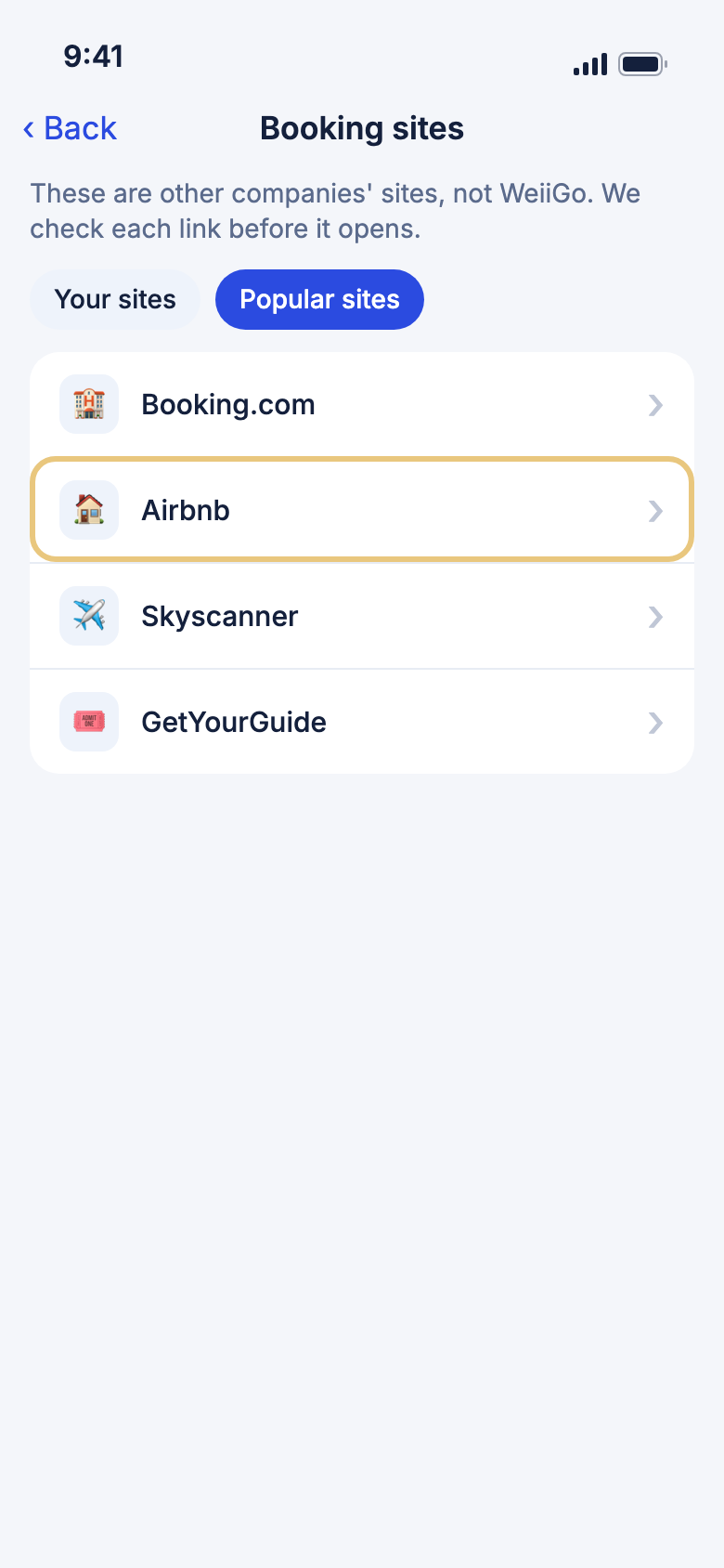 The Booking sites page with a site marked