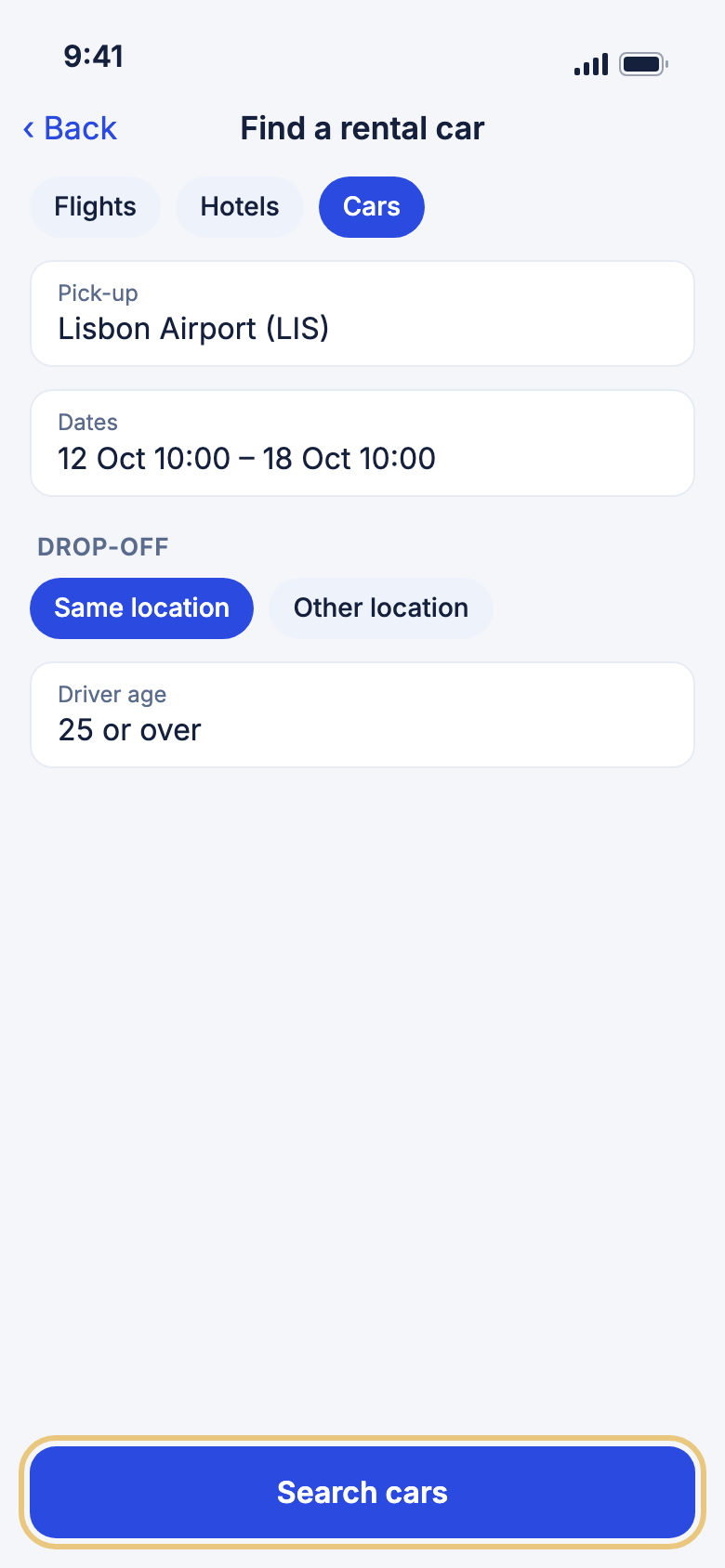 The car search form with Search cars marked