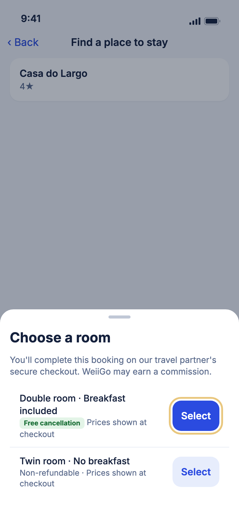 The Choose a room sheet with Select marked