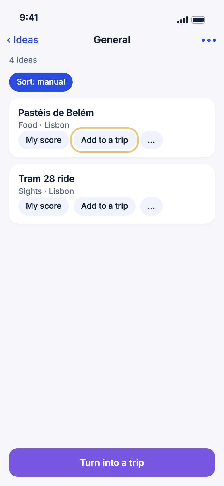 A collection with Add to a trip marked