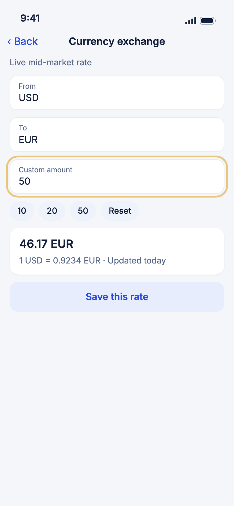 The Currency exchange page with the amount marked
