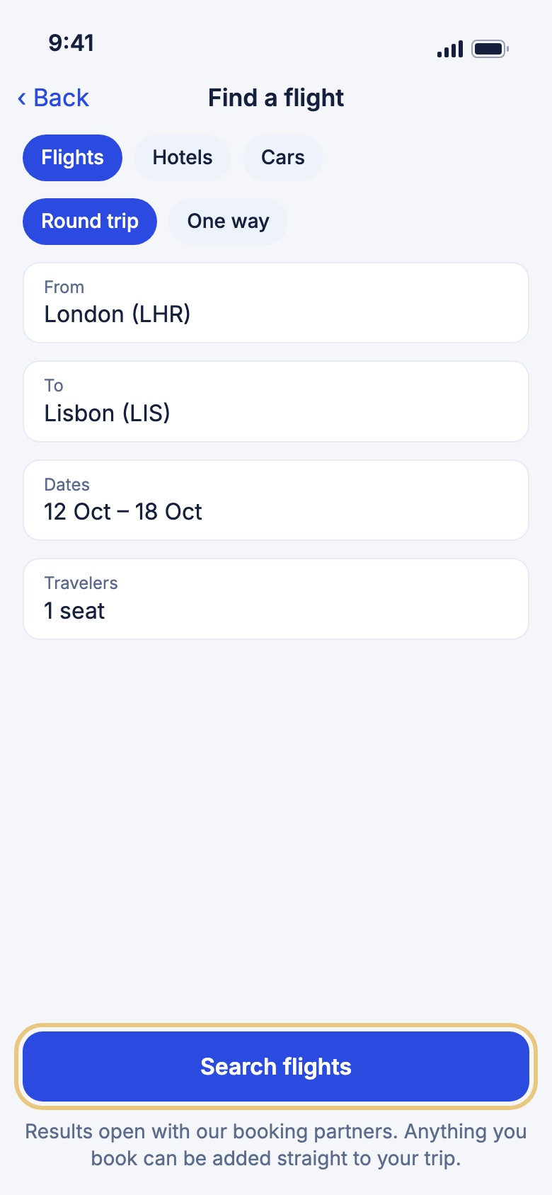 The flight search form with Search flights marked