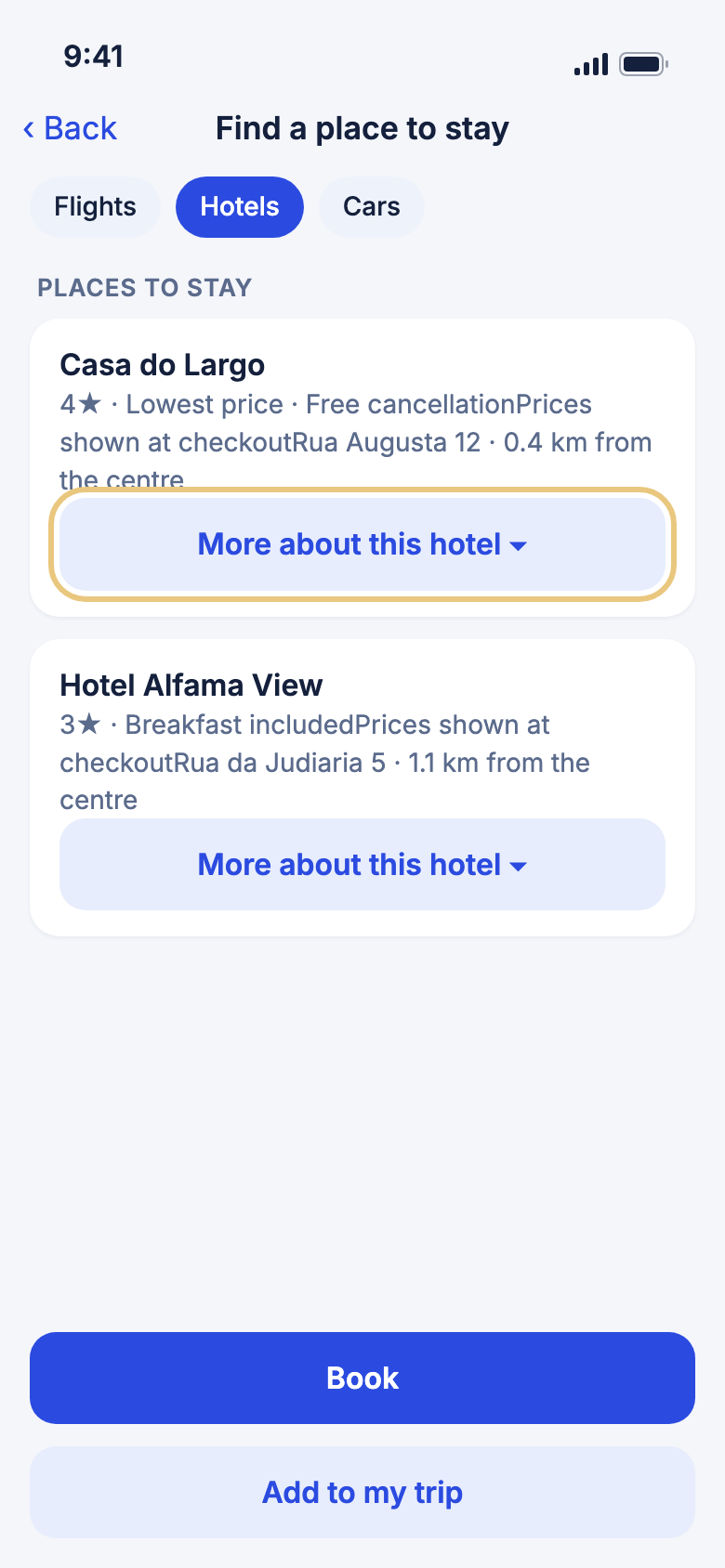 Hotel results with More about this hotel marked