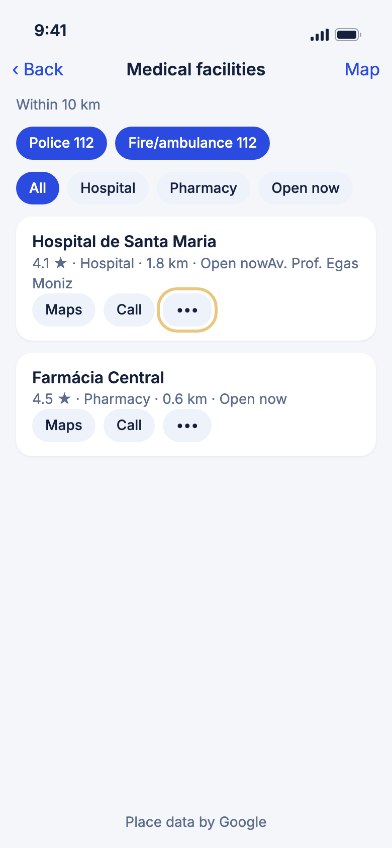 Medical facilities with a card's menu marked