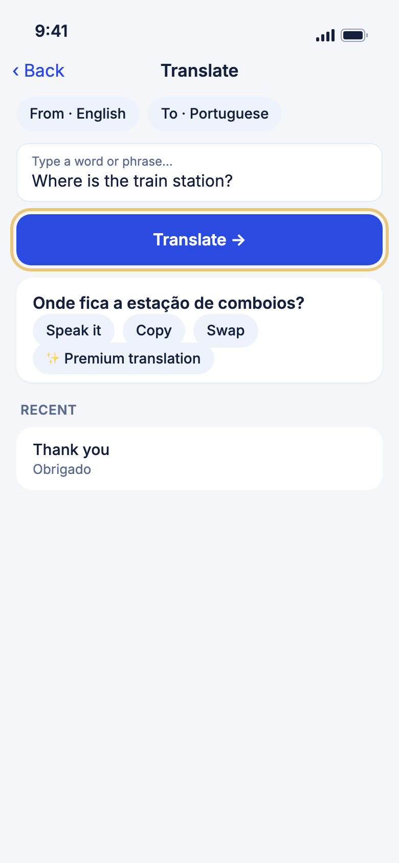 The Translate page with Translate marked