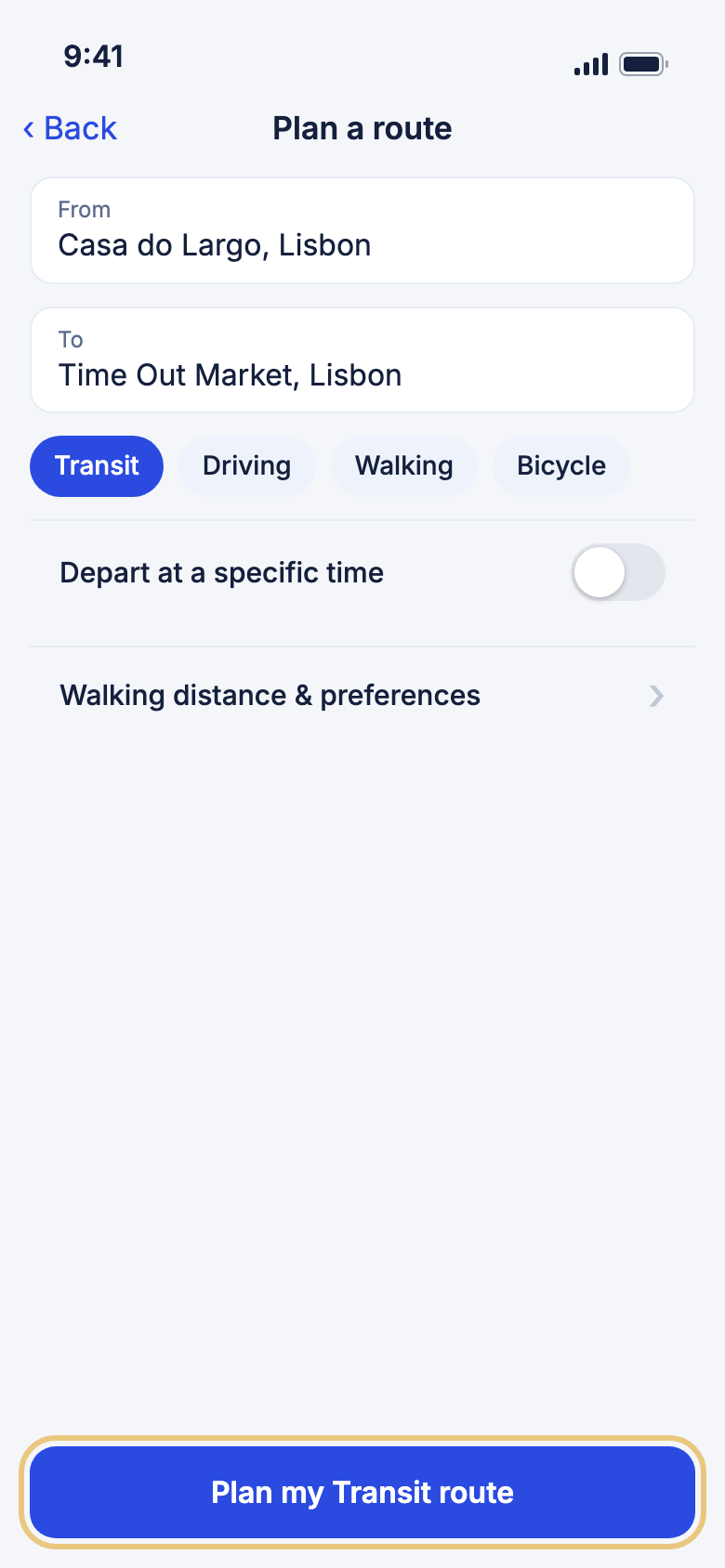 The Plan a route screen