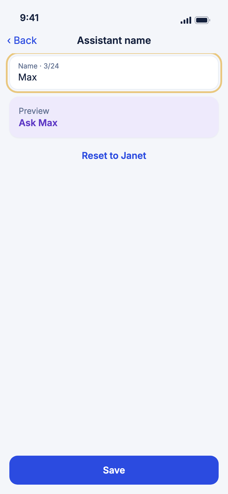 Assistant name, with the name field highlighted