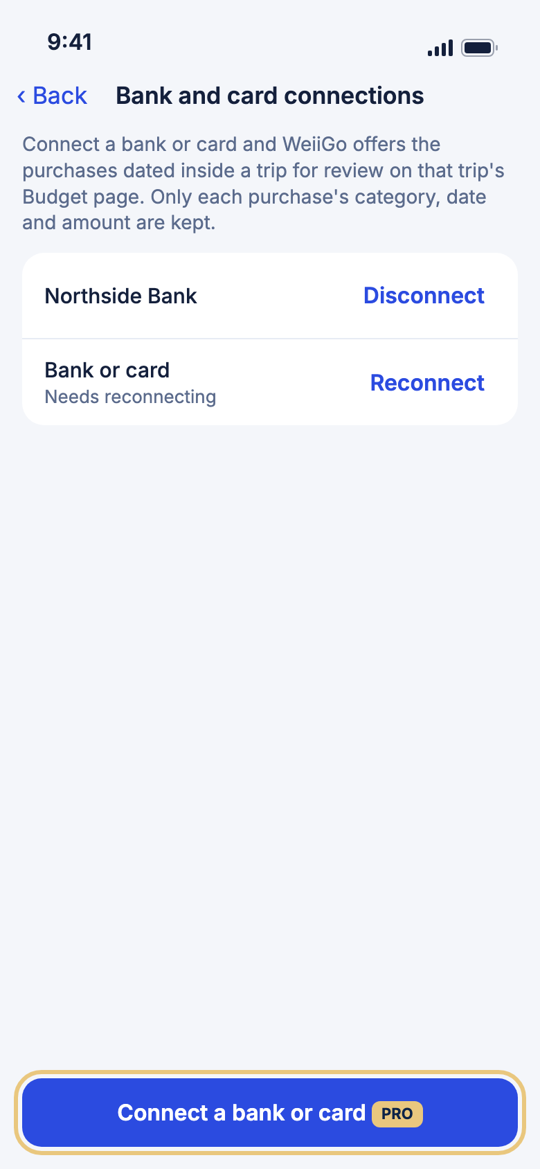 Bank and card connections, with Connect a bank or card highlighted