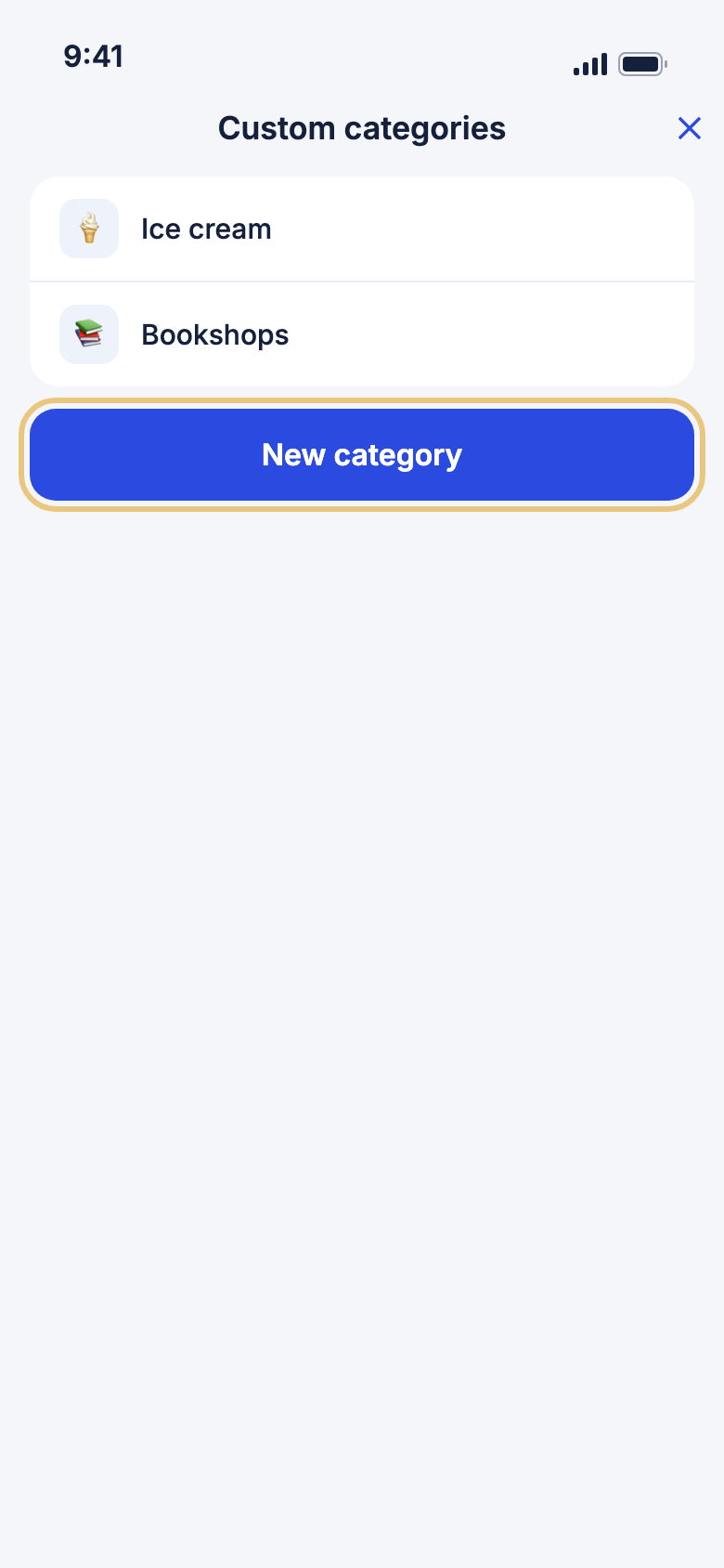 Custom categories, with New category highlighted