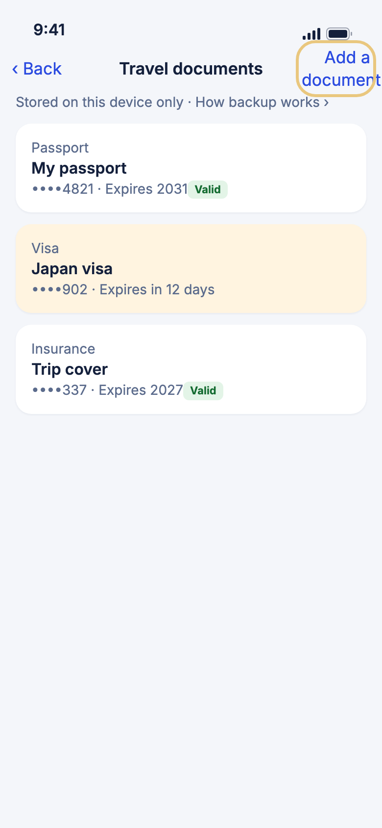 Travel documents, with Add a document highlighted