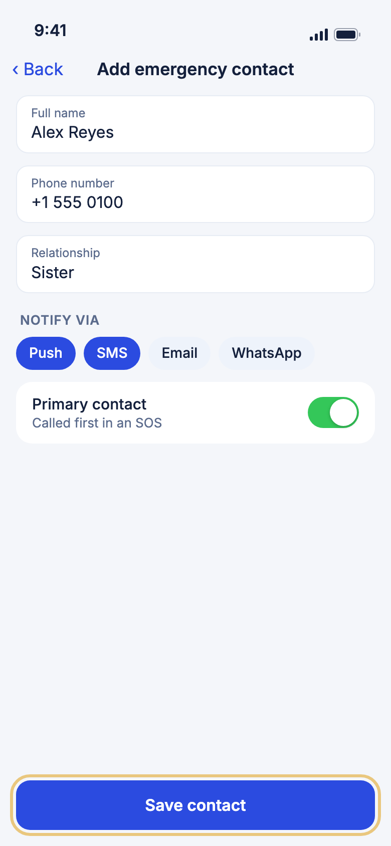 Add emergency contact, with Save contact highlighted