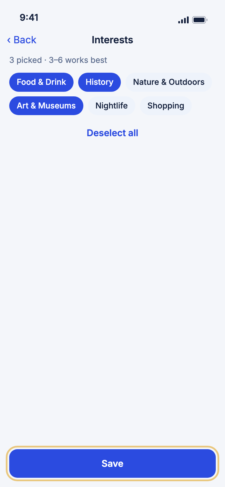 Interests, with Save at the bottom
