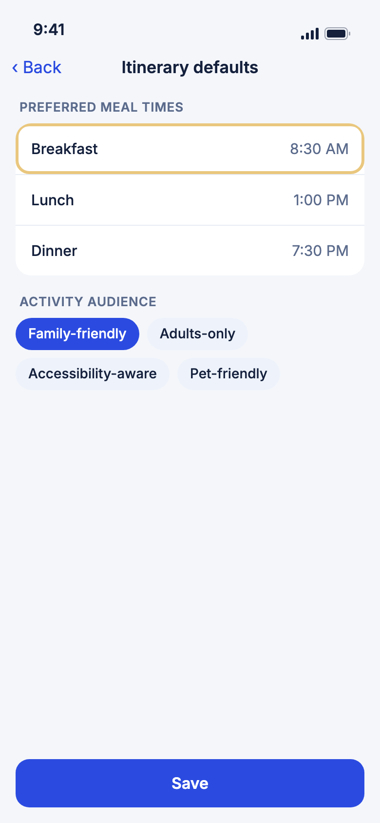 Itinerary defaults, with Breakfast highlighted