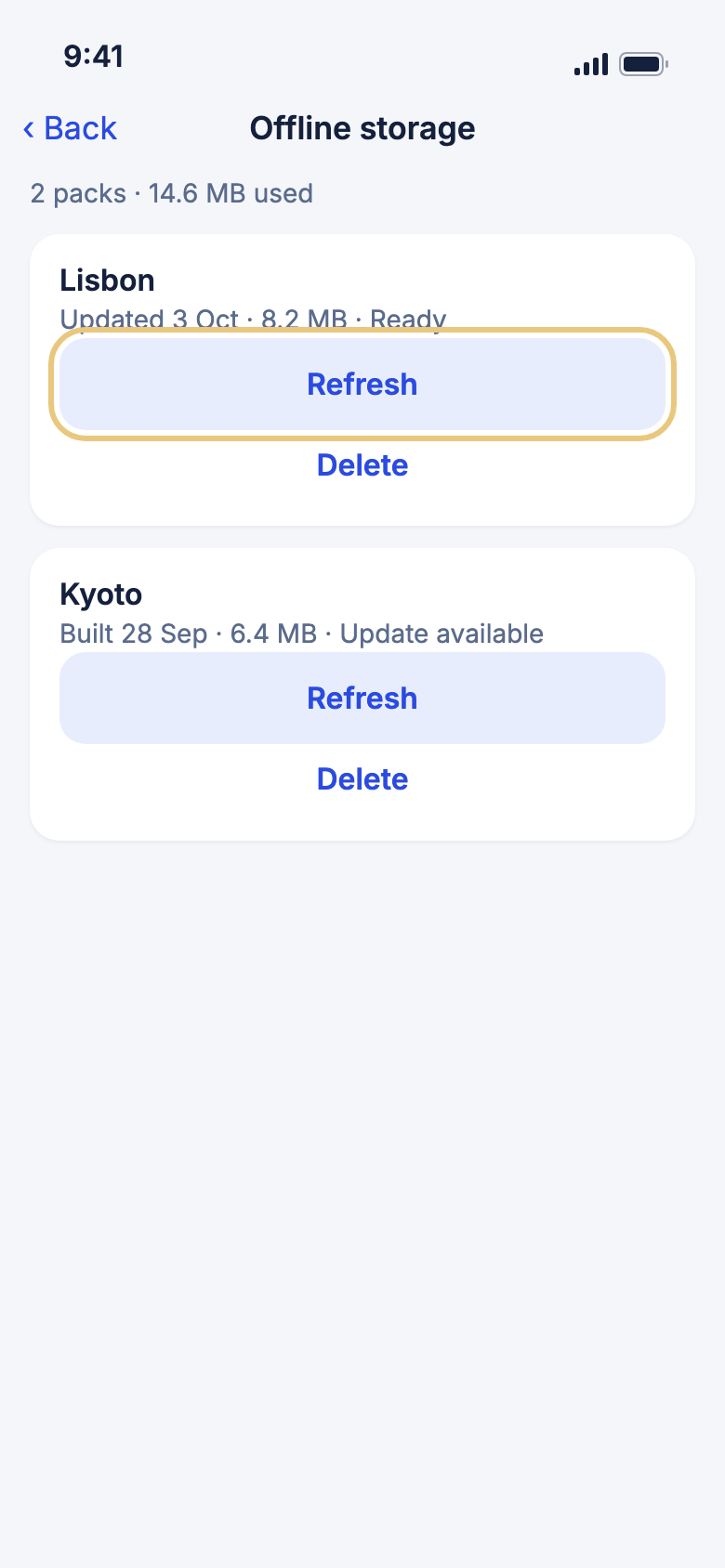 Offline storage, with Refresh highlighted