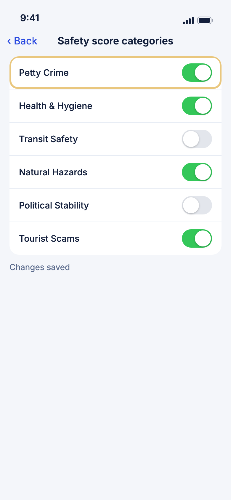 Safety score categories, with Petty Crime highlighted