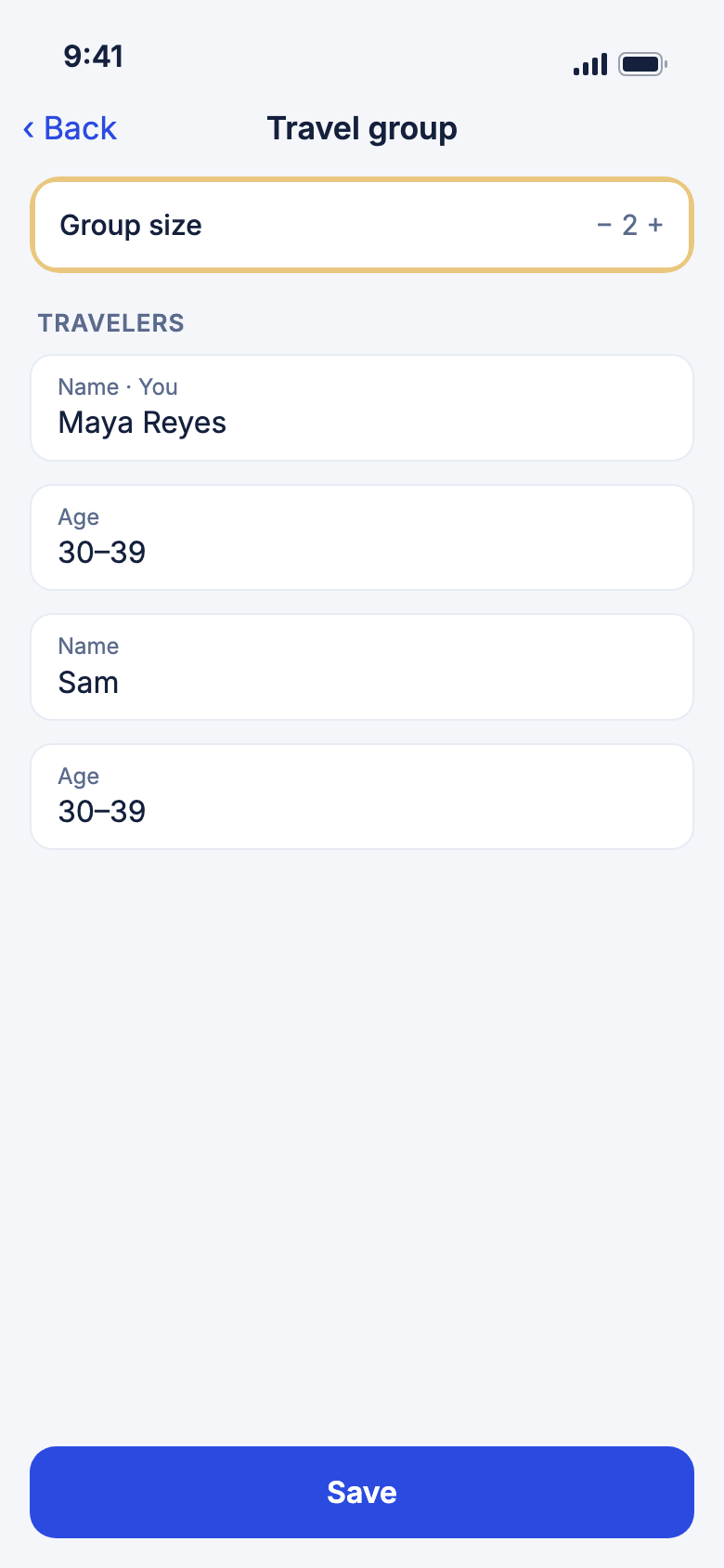 Travel group, with the Group size buttons highlighted