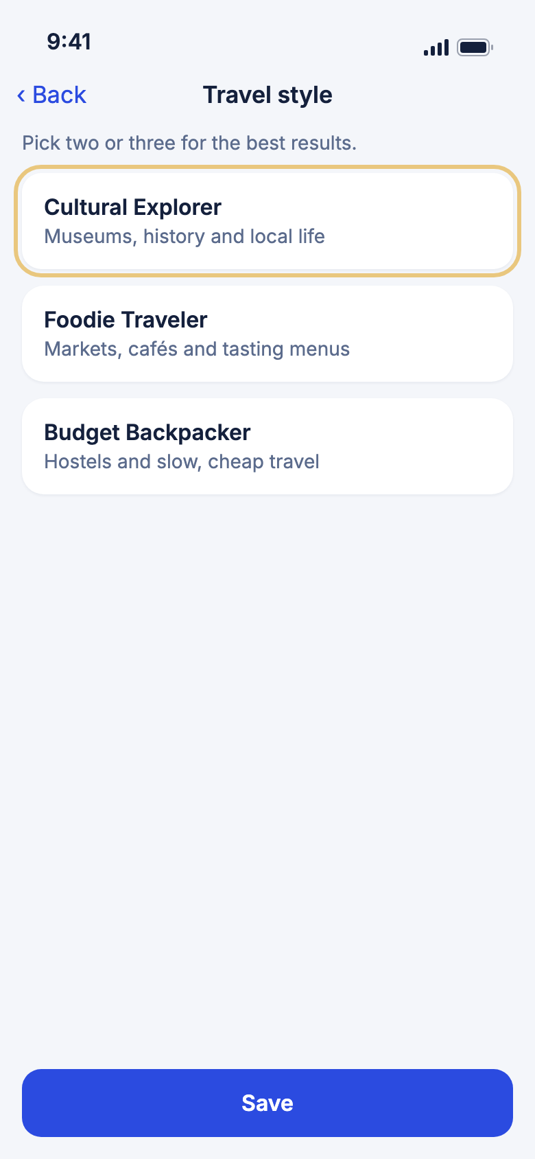 Travel style, with Cultural Explorer picked