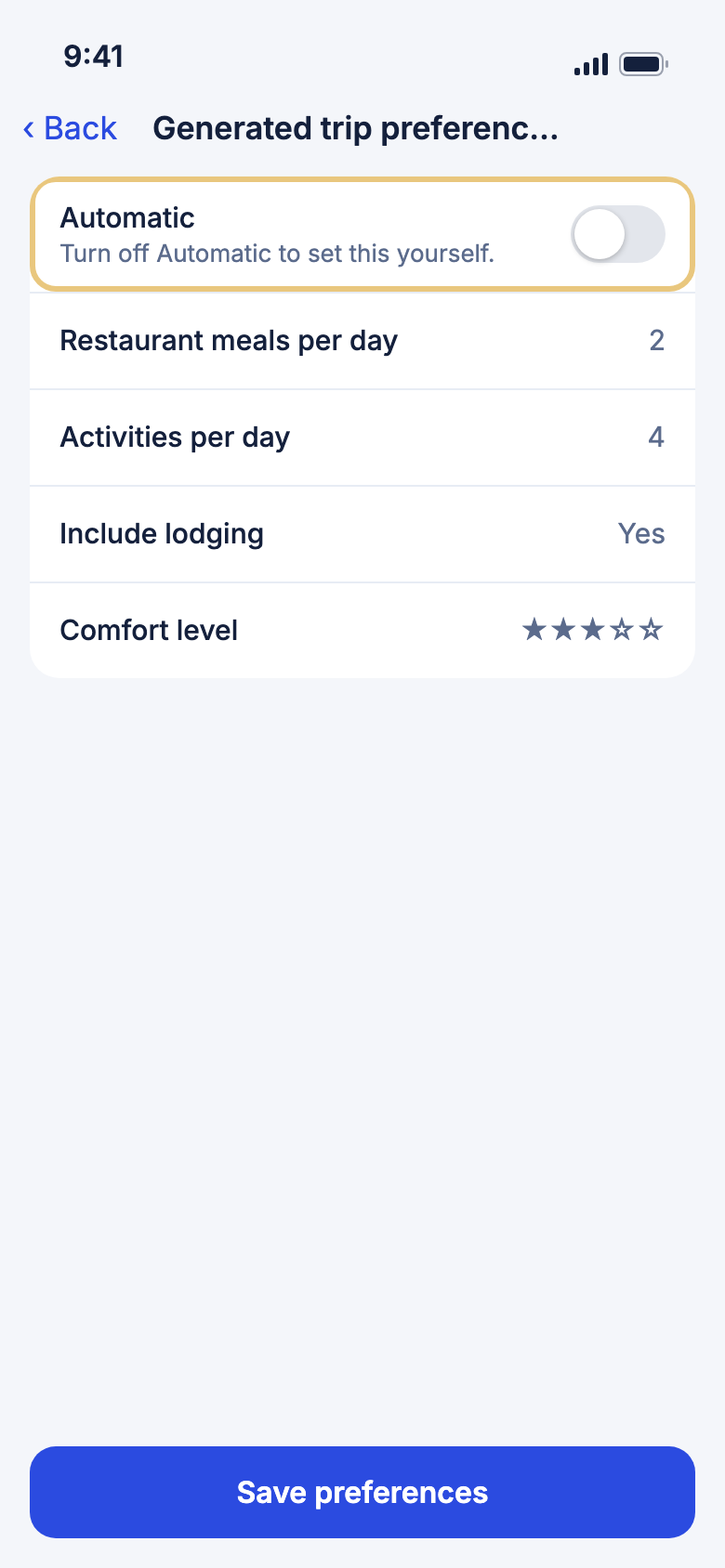 Generated trip preferences, with Automatic highlighted