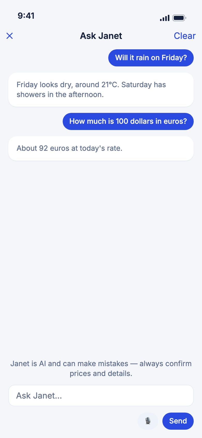 Janet answering a weather question and a currency question