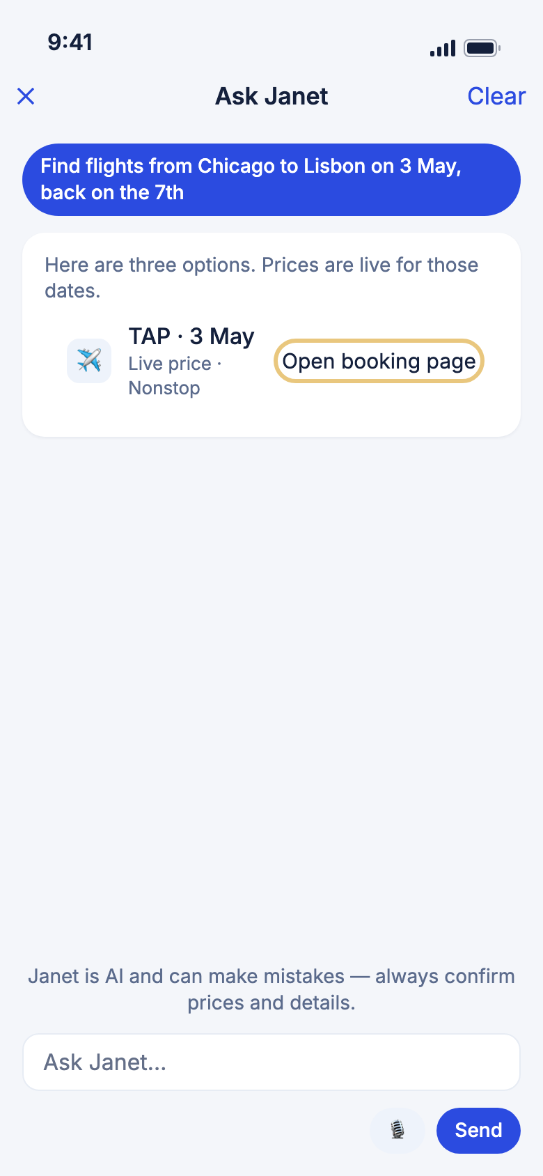 Janet's flight results, with Open booking page marked