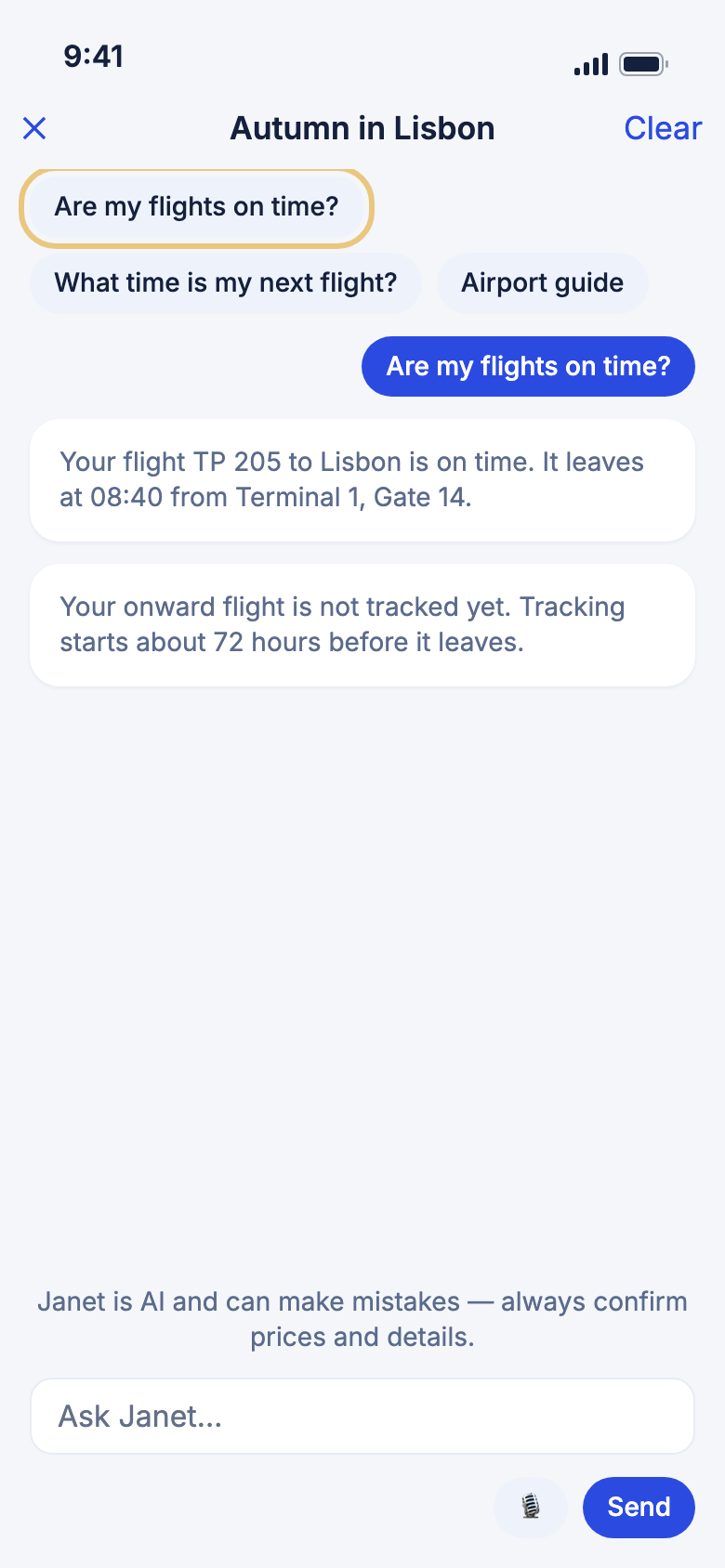 Janet's answer about a flight, with the Are my flights on time? idea marked
