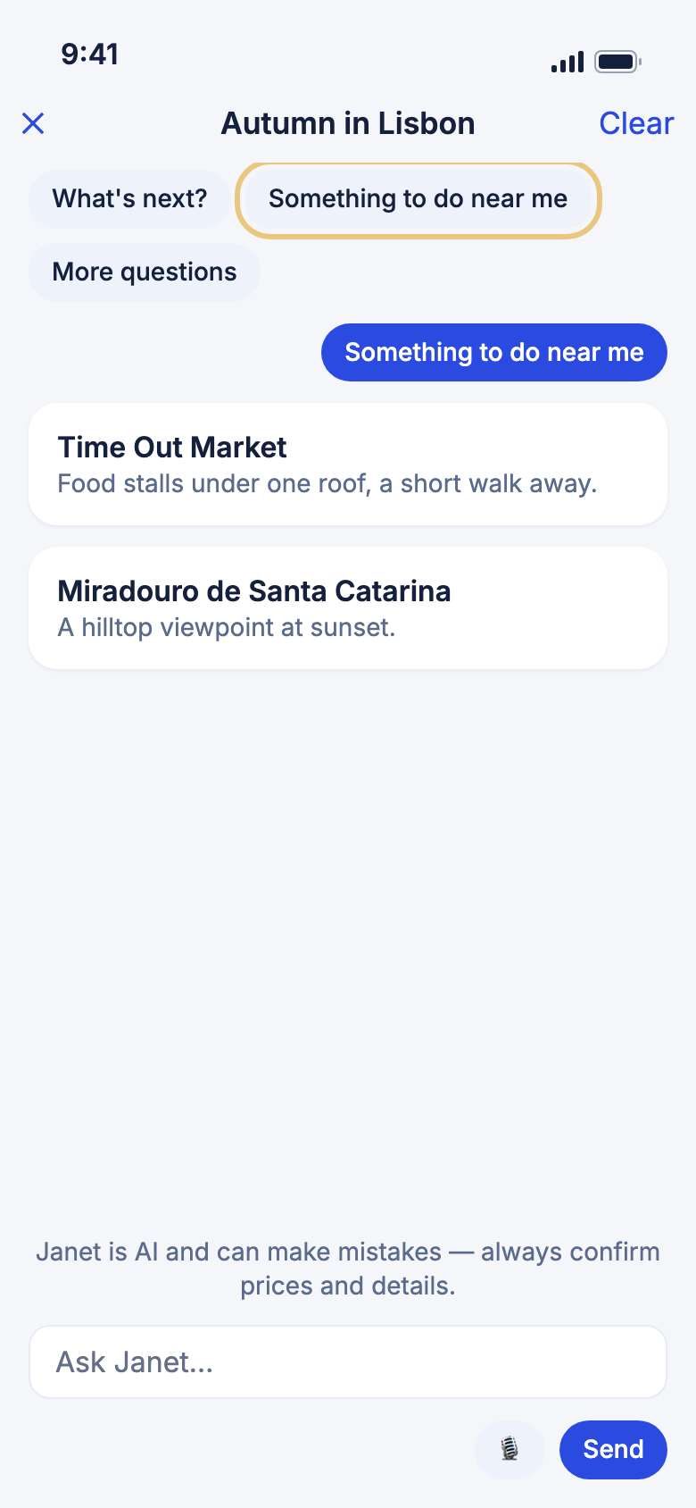 Janet's nearby suggestions, with the Something to do near me idea marked