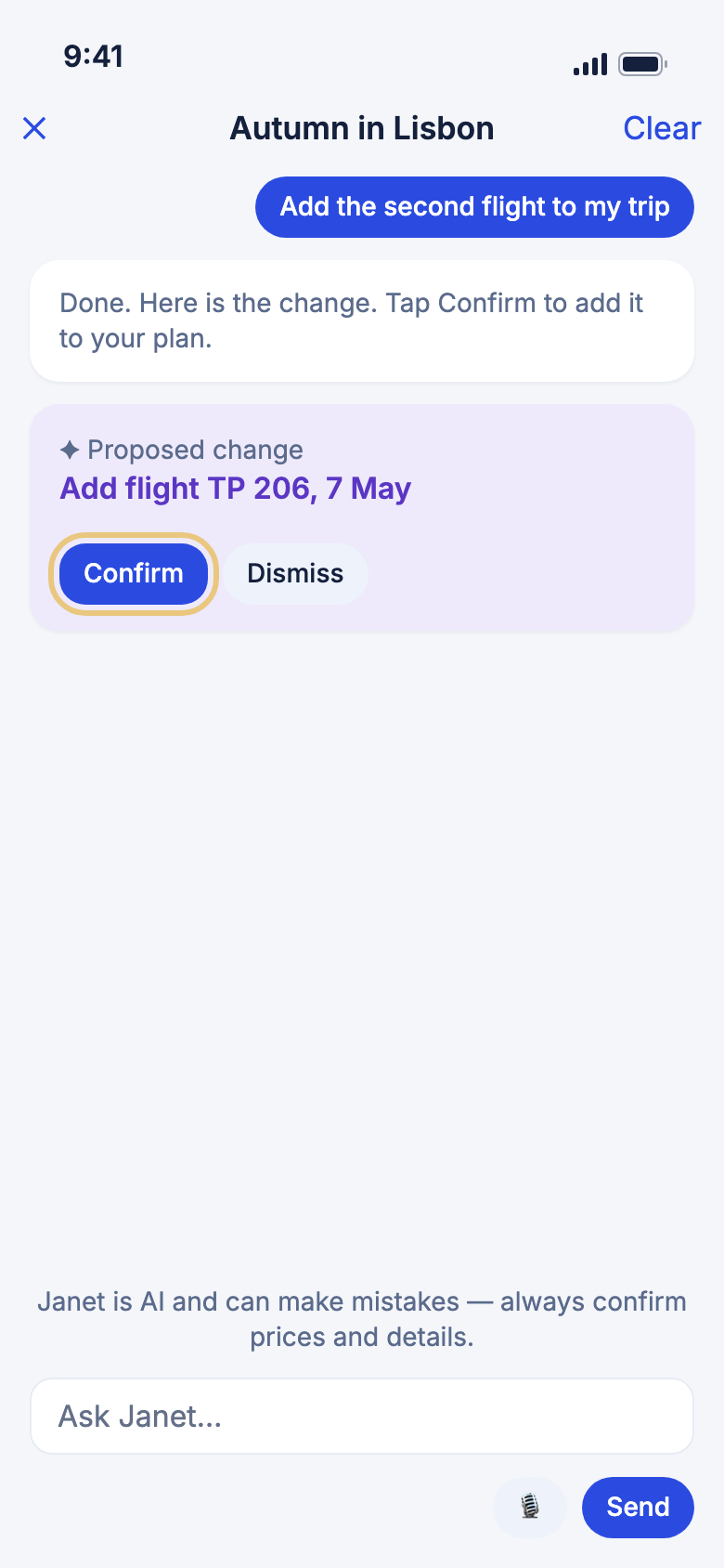 A proposed change to add a flight, with Confirm marked