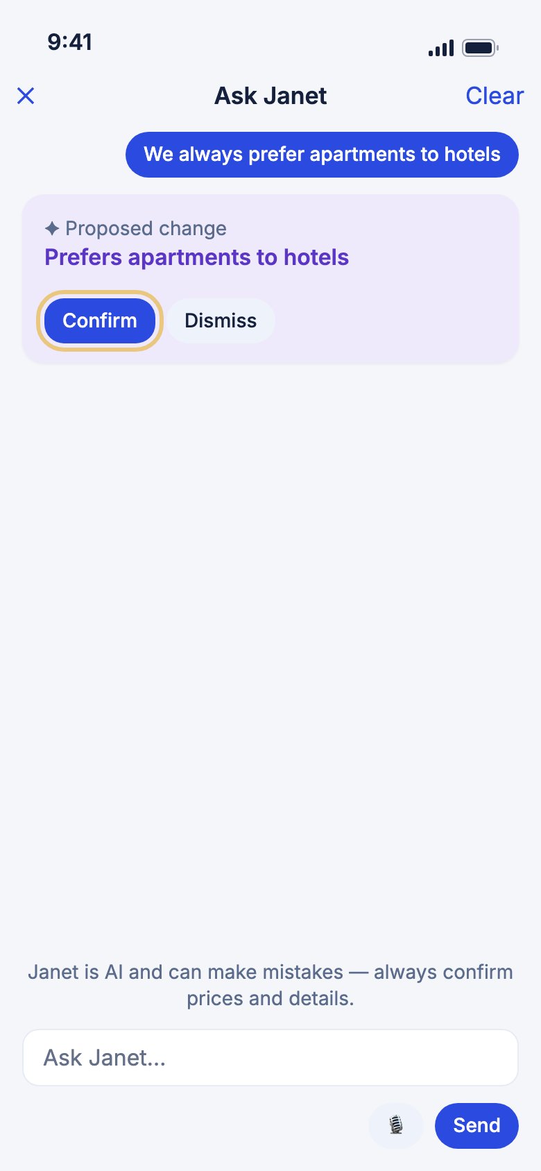 A card offering to remember a preference, with Confirm marked