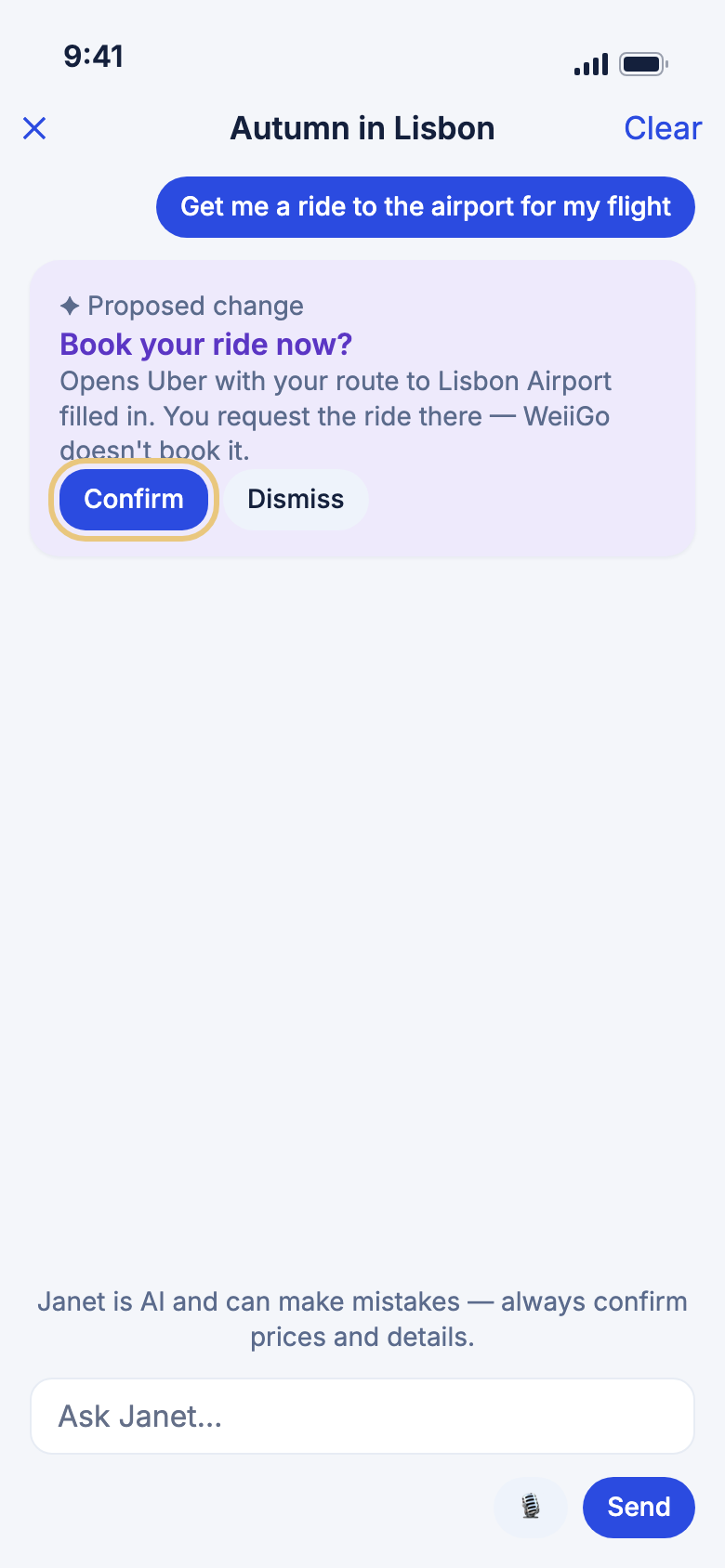 The ride card, with Confirm marked