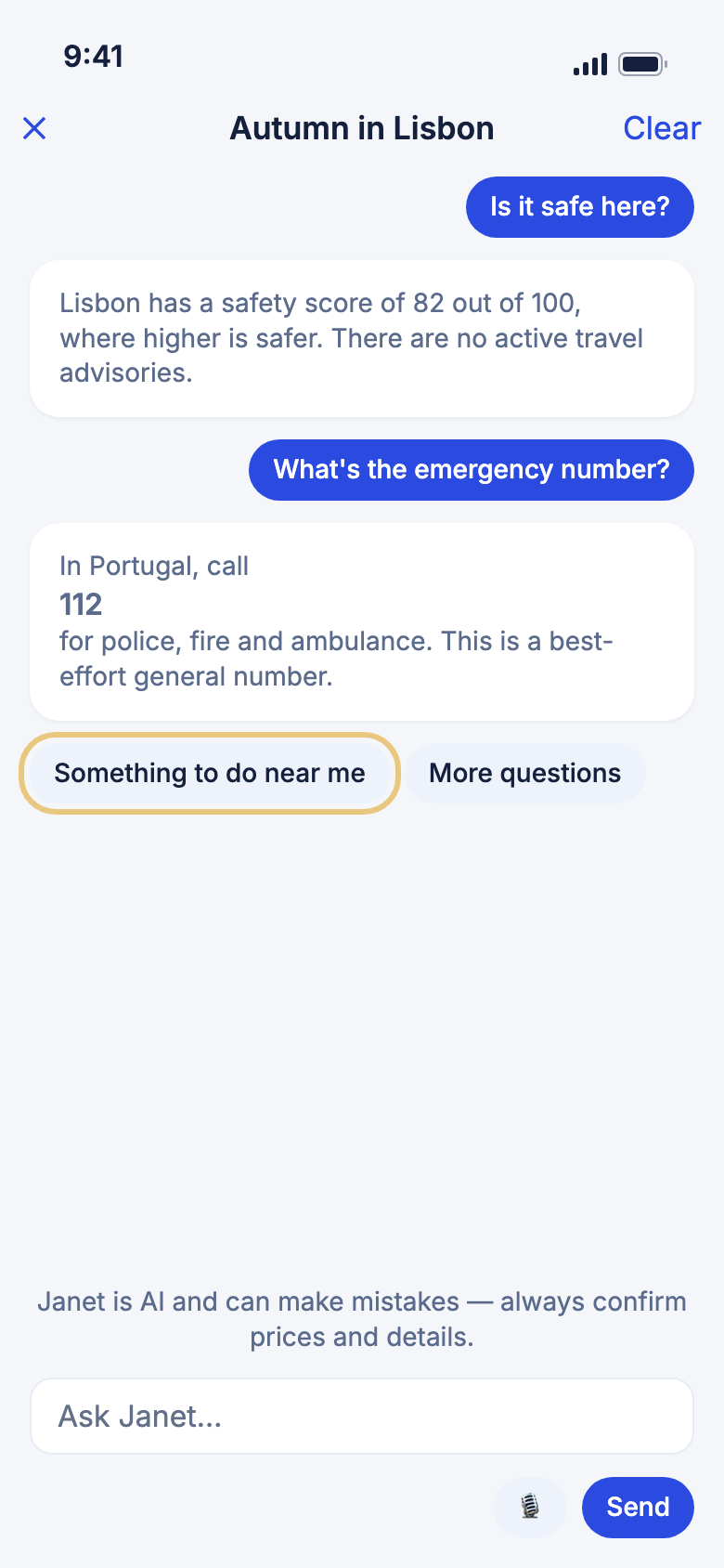 Janet's safety and emergency number answers on a trip