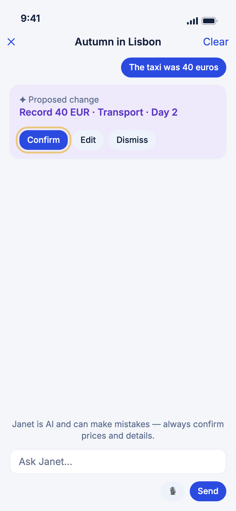 A card to record a taxi expense, with Confirm marked