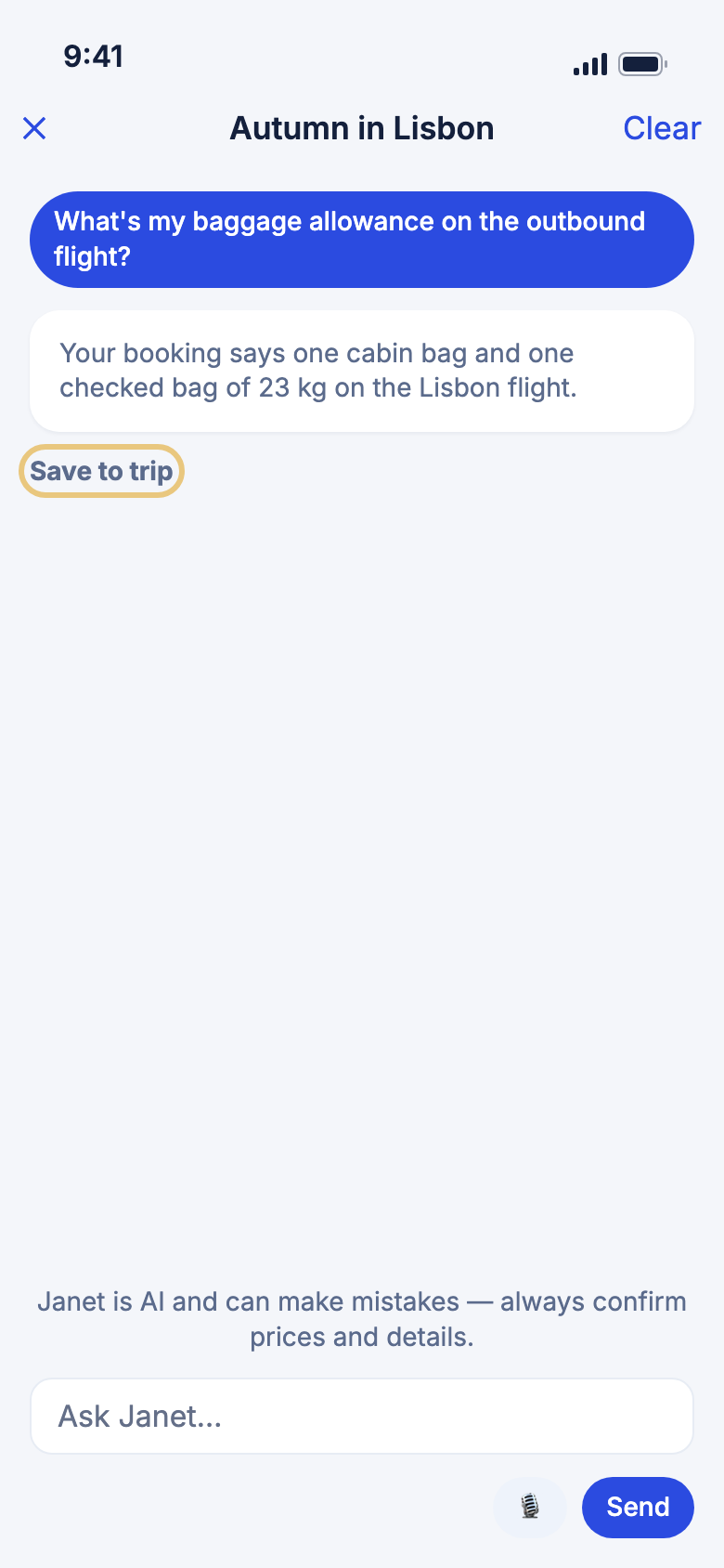 Janet answering a baggage question from the booking, with Save to trip marked
