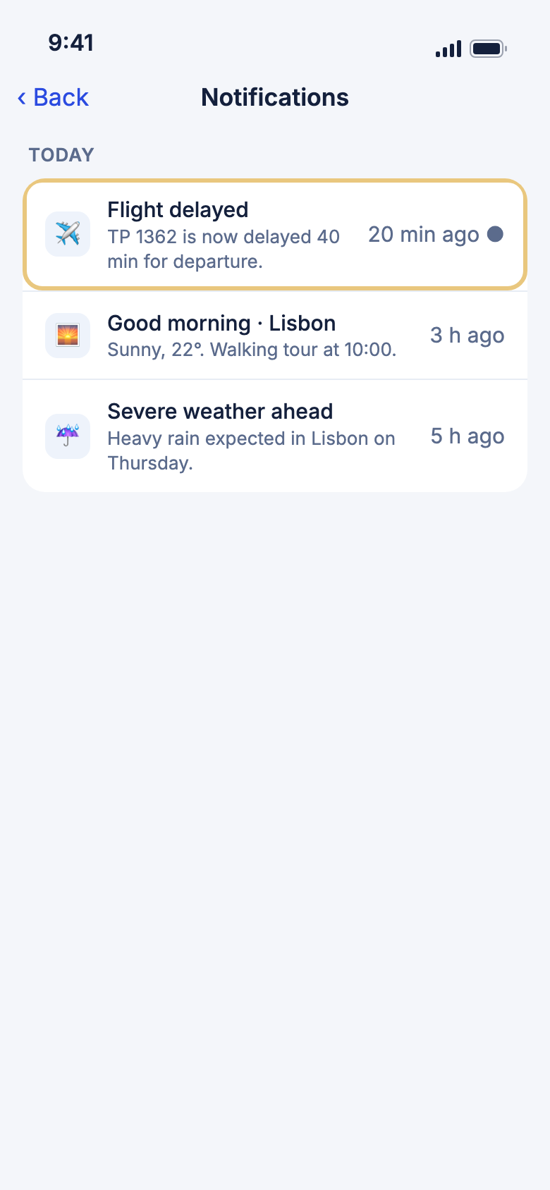 The Notifications list with a flight delay at the top