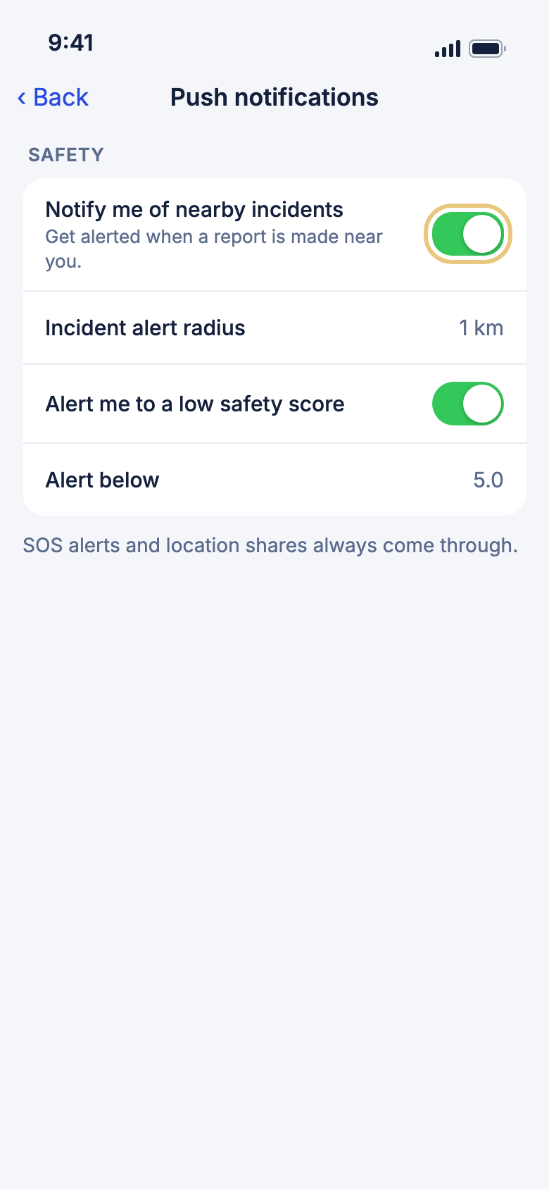 Alert settings under Safety