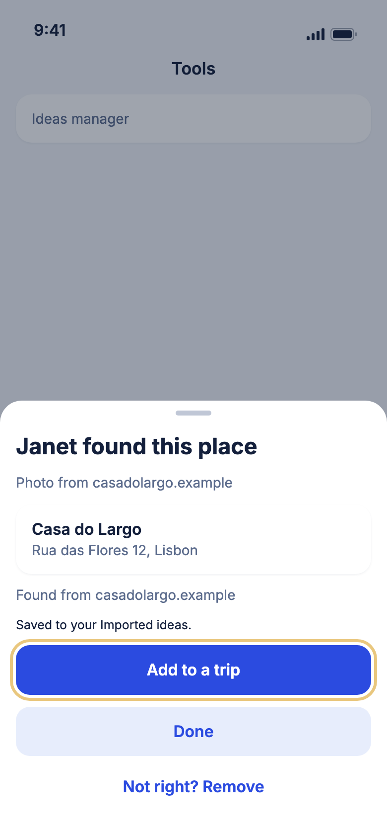The Janet found this place card with Add to a trip marked