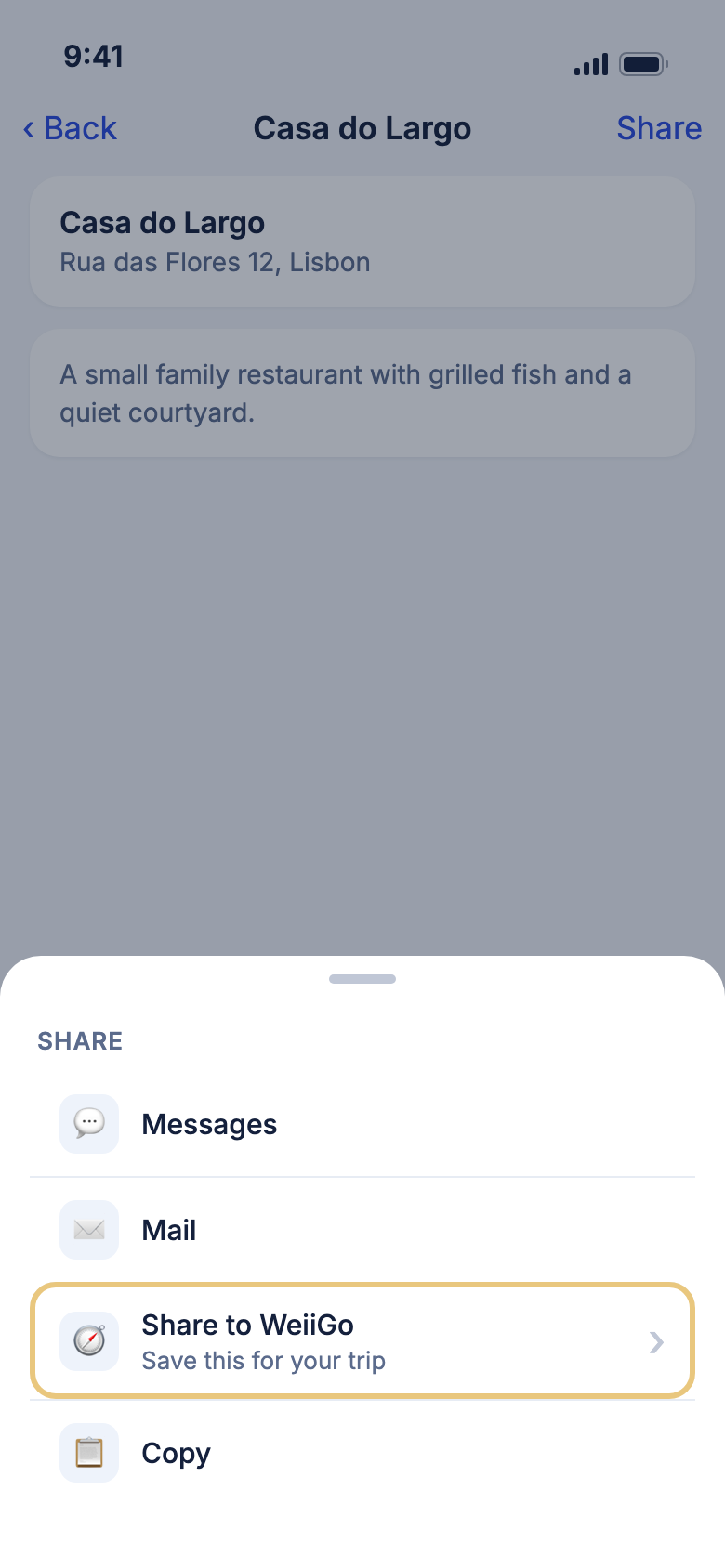 The phone's share sheet with Share to WeiiGo marked