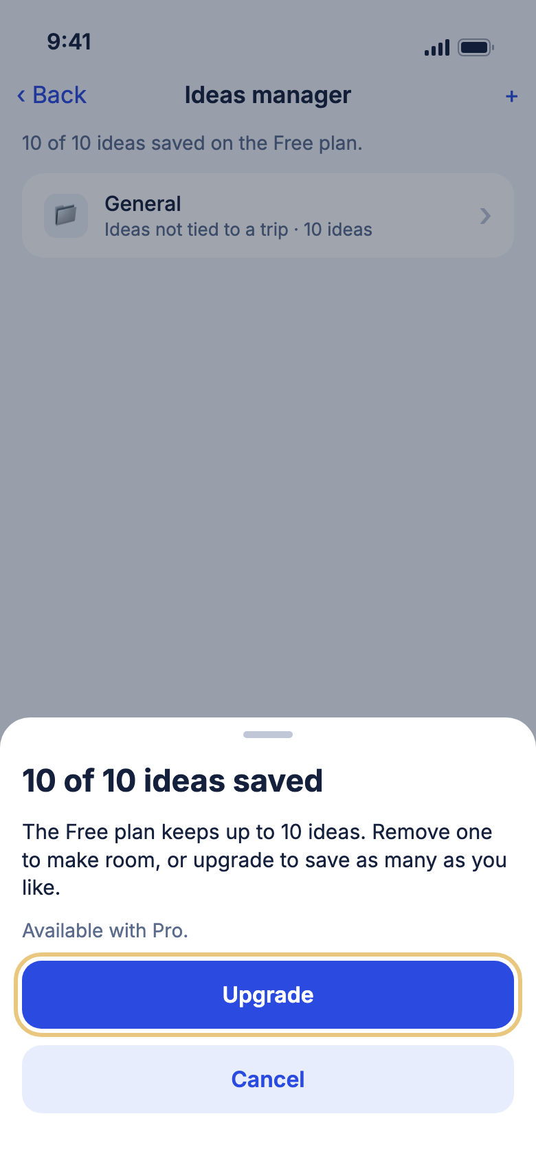 The Ideas manager full, with the message about 10 of 10 ideas
