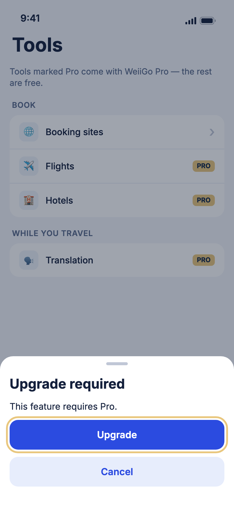 The Upgrade required message over the Tools tab, with Upgrade highlighted