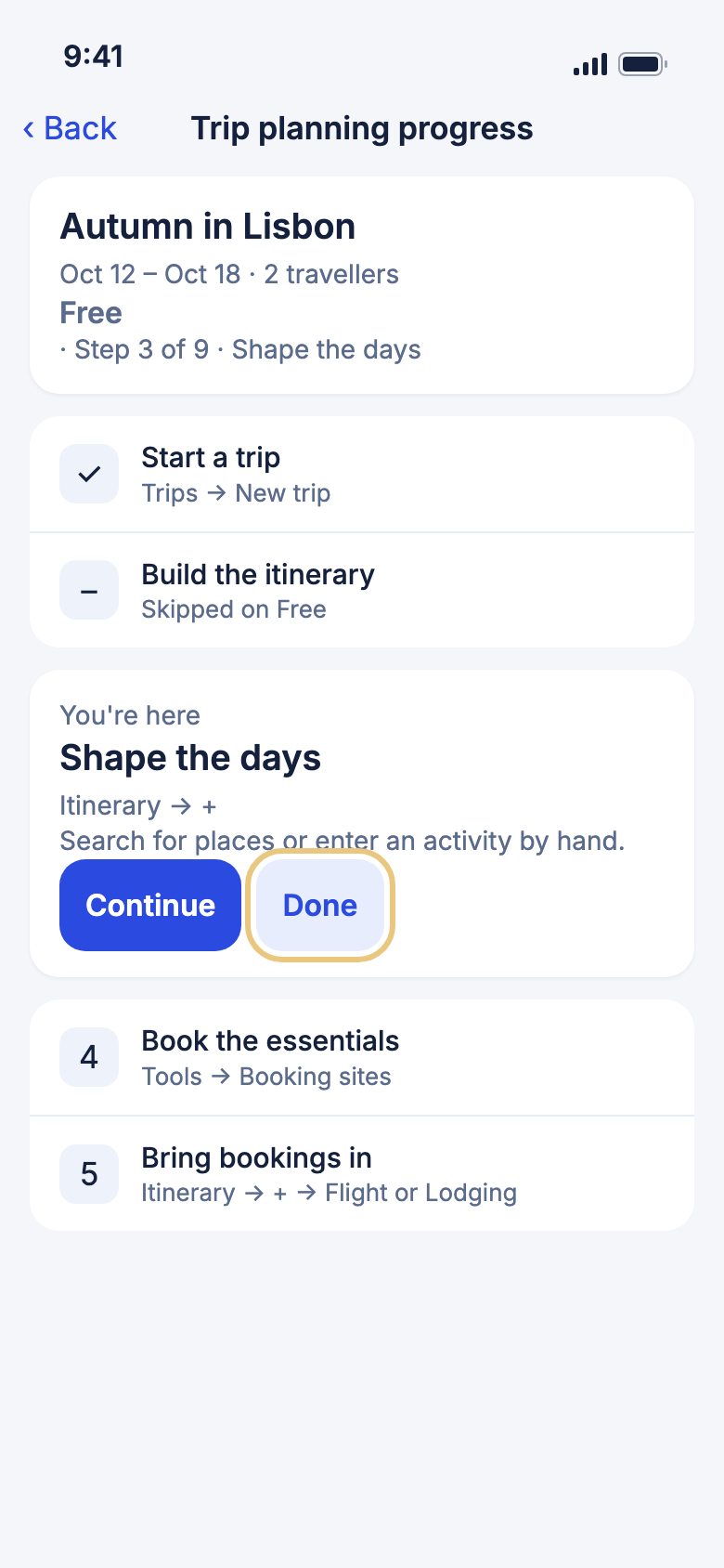 The progress page on a Free trip