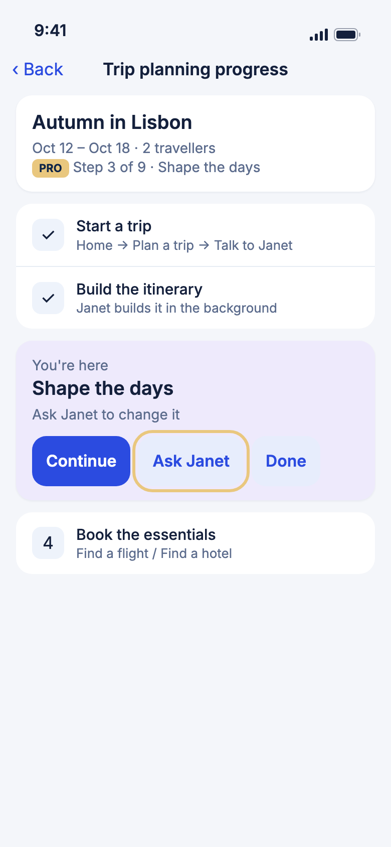 The Pro progress page with Ask Janet marked