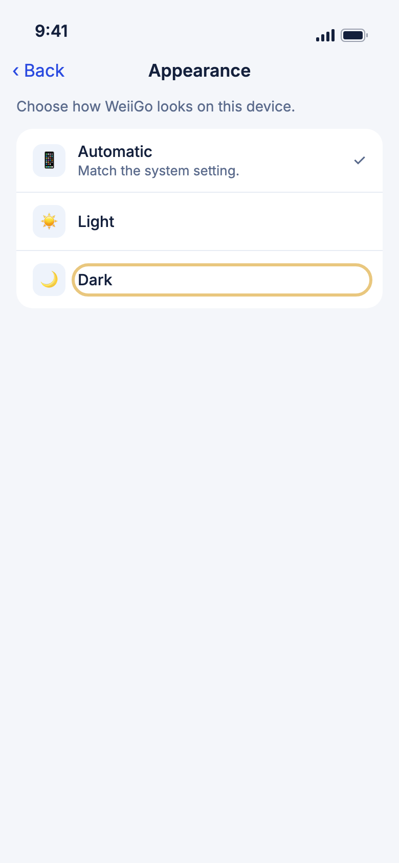 Appearance, with Dark highlighted