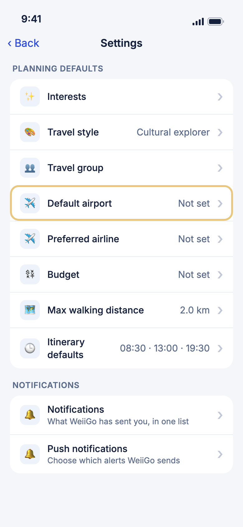 Settings, with Default airport under Planning defaults marked