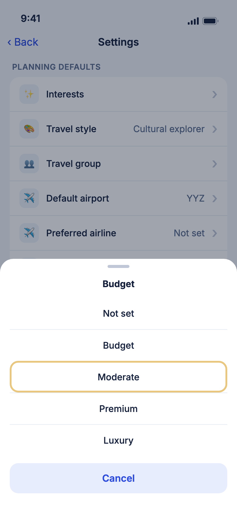 Settings, choosing Moderate from the Budget list
