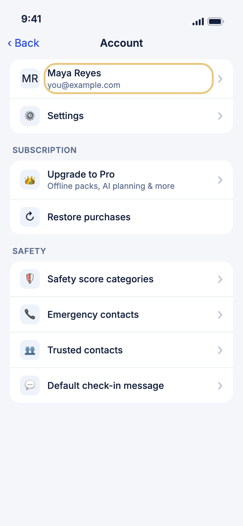The Account page, with Restore purchases under Upgrade to Pro